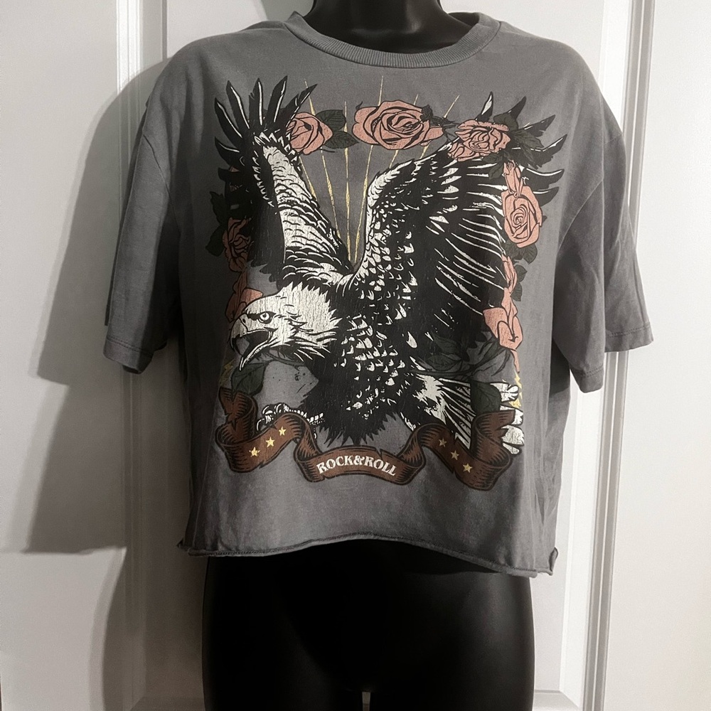 Gray Graphic Tee with Eagle and Roses (S)